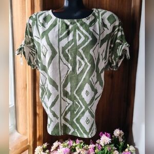 Bellambra Made In Italy Linen Blend Olive Green and Cream Patterned Women's Top